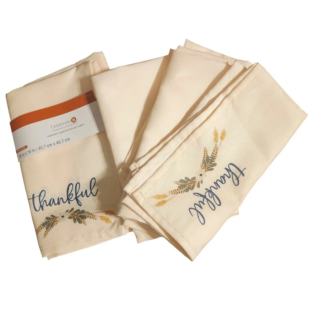 Celebrate It Thankful Thanksgiving Cloth Napkins  (2 Sets) 4 pc Set Beige Decor